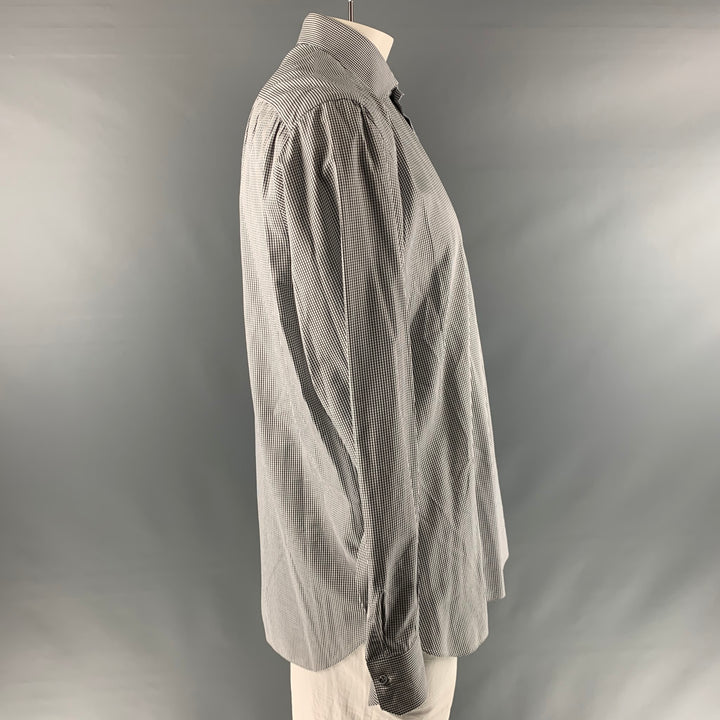 ISAIA Size XL White Black Checkered Cotton Long Sleeve Shirt