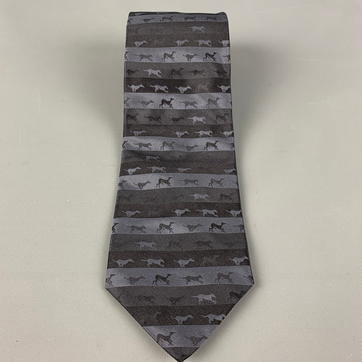 TRUSSARDI Black & Grey "Dogs" Striped Silk Tie