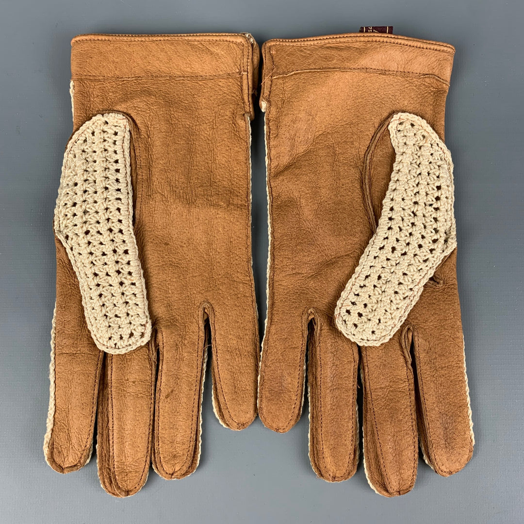 SWAINE ADENEY BRIGG Tan Cream Crochet Leather Gloves