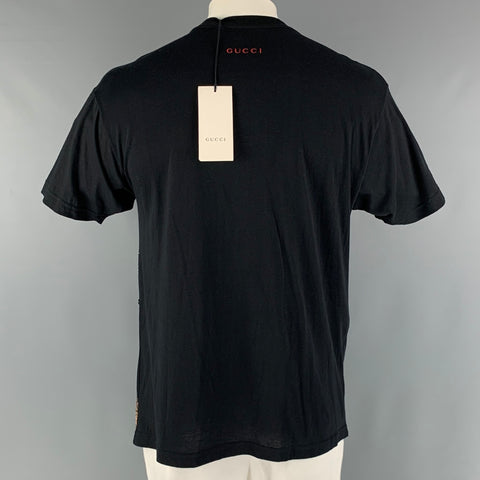 GUCCI Size XS Black Gold Embroidery Cotton Crew-Neck T-shirt