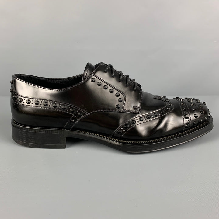 PRADA Size 10.5 Black Studded Leather Lace Up Shoes