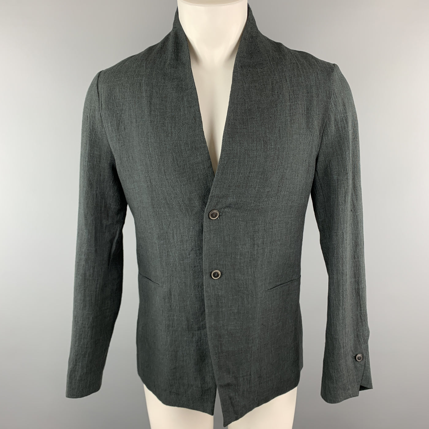 HANNIBAL Size 36 Charcoal Linen Shawl Collar Asymmetrial Jacket