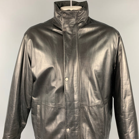 SALVATORE FERRAGAMO Size 42 Black Leather Zip & Snaps Reversible Coat