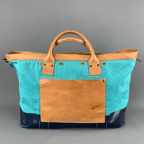 COLE HAAN Aqua & Navy Canvas Leather Two Tone Tote Bag