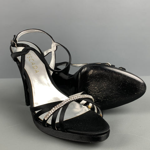 ESCADA Taille 9 Noir Argent Soie Strass Sandales Bride Cheville