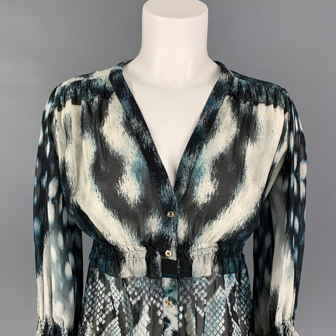 ROBERTO CAVALLI Talla 2 Blusa con cuello en V y estampado de piel de serpiente de seda gris azul crema