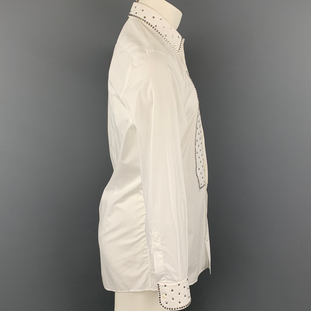 DOLCE & GABBANA Size M White Swarovski Applique Cotton Tuxedo Long Sleeve Shirt