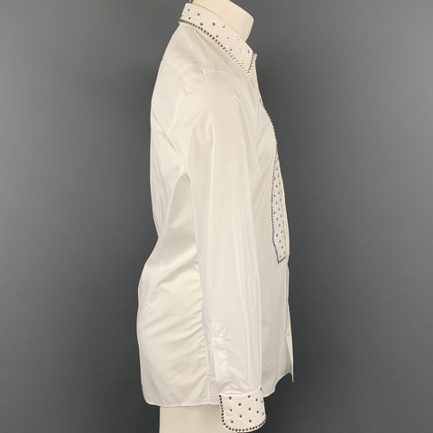 DOLCE & GABBANA Size M White Swarovski Applique Cotton Tuxedo Long Sleeve Shirt