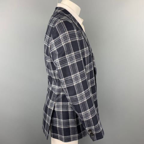 HUGO BOSS Size 38 Regular Navy & Grey Plaid Cashmere / Silk Sport Coat