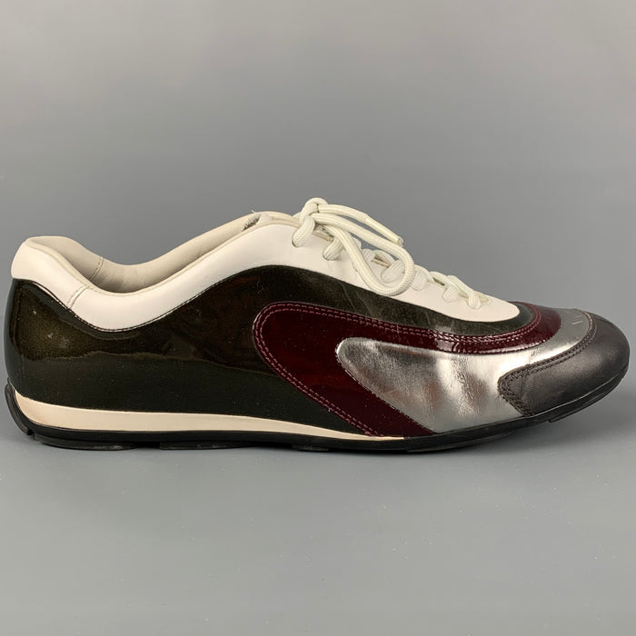 PRADA Size 7.5 Olive White Silver Color Block Lace Up Sneakers