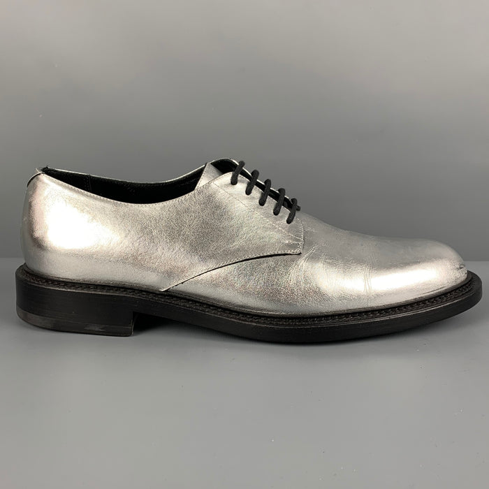 SAINT LAURENT Size 11 Silver Metallic Leather Lace Up Shoes