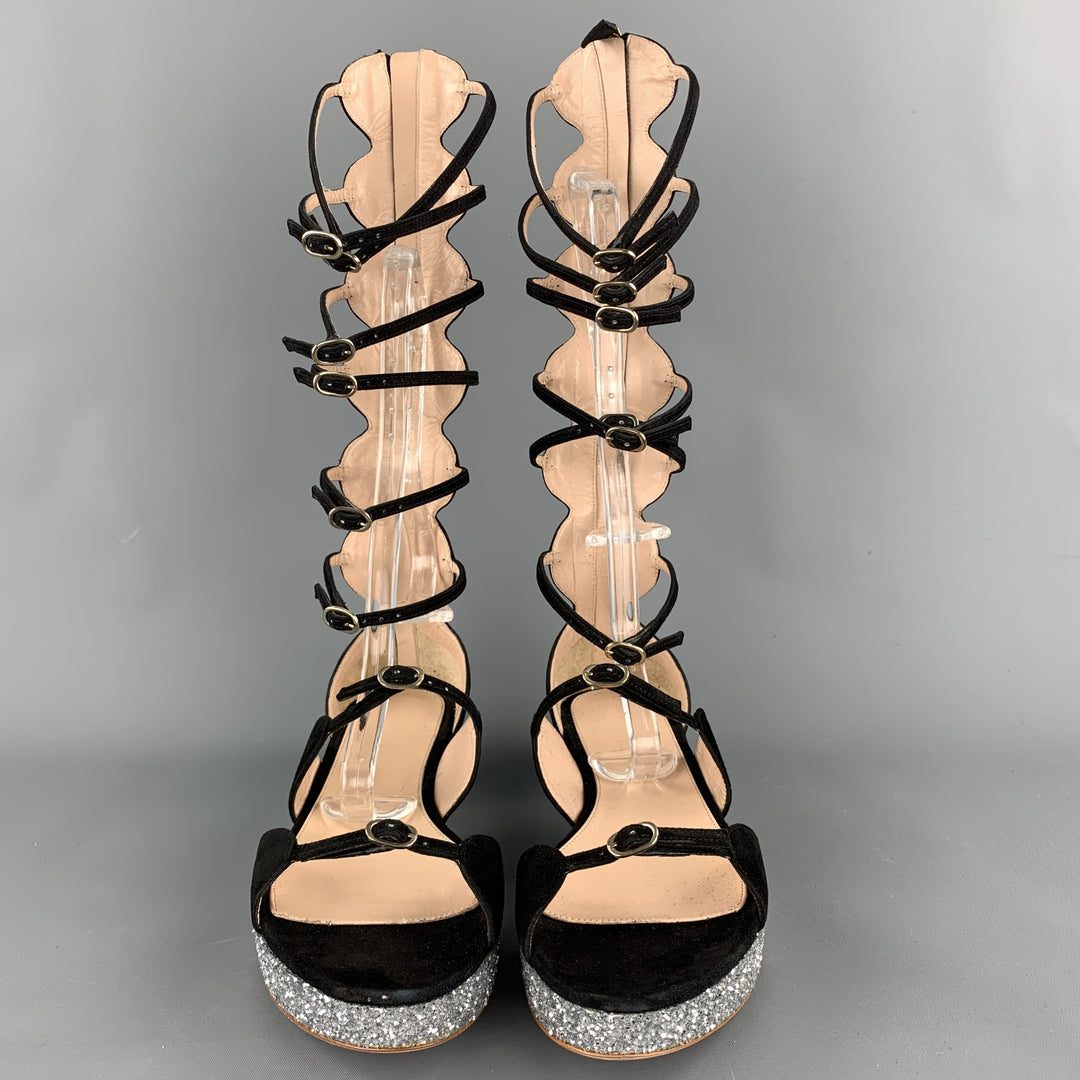 GIAMBATTISTA VALLI S/S 2016 Size 8 Black Suede Glitter Gladiator Sandals