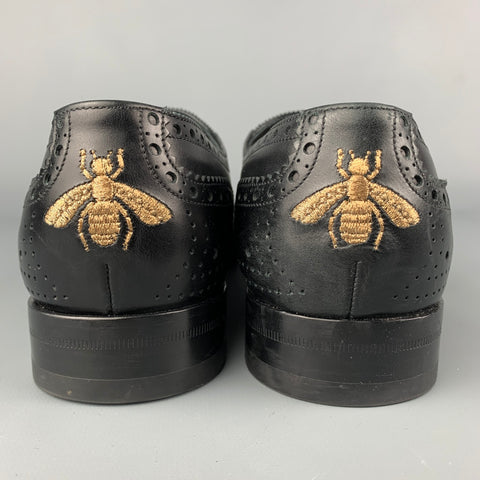 GUCCI Size 9 Black Perforated Leather Tiger's Head Buckle Loafers