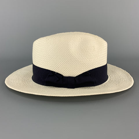 SAKS FIFTH AVENUE Cream Woven Straw Navy Stripe Fedora