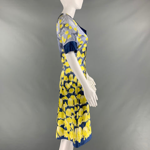 PRABAL GURUNG Size 10 Blue Yellow Cotton Silk Print A-Line Dress