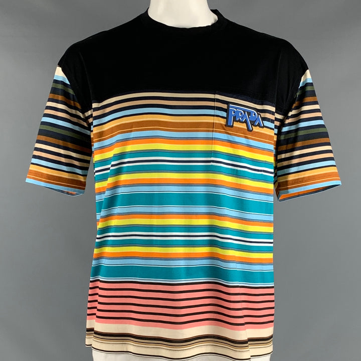 PRADA Size XL Black Multi-Color Stripe Cotton Crew-Neck T-shirt