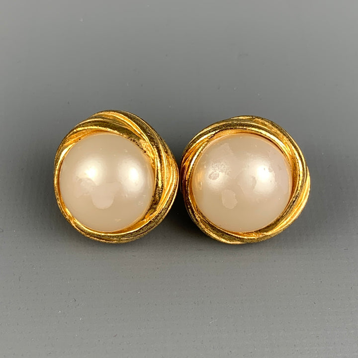 CHANEL Vintage Gold Tone Faux Pearl CC Logo Clip On Earrings