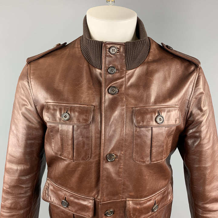 PRADA Chest Size 40 Brown Leather High Collar Epaullettes Zip & Buttons Patch Pockets Jacket