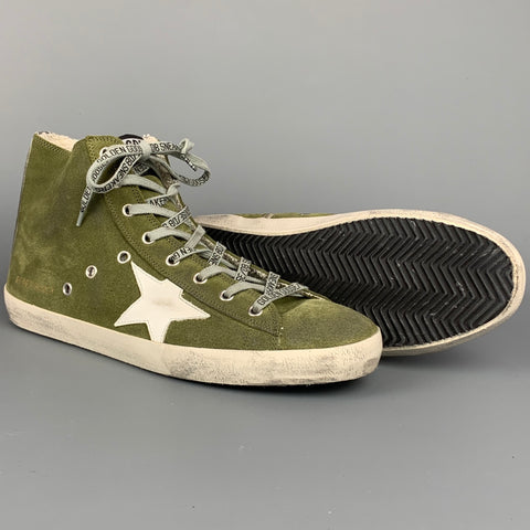 GOLDEN GOOSE Francy Size 10 Olive Distressed Suede High Top Sneakers