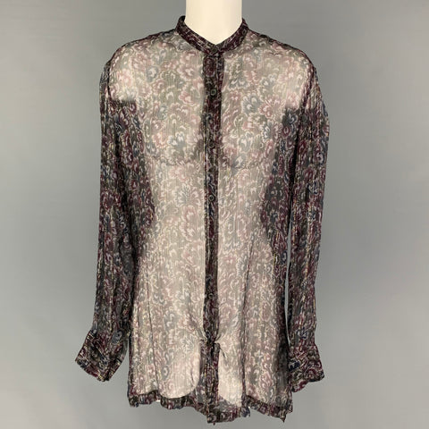 DRIES VAN NOTEN Size 6 Purple Black Silk Metallic Silver Blouse