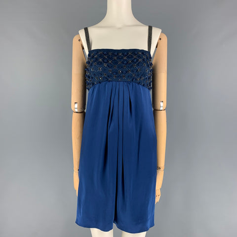 VALENTINO Size 6 Blue Silk Beaded Shift Cocktail Dress