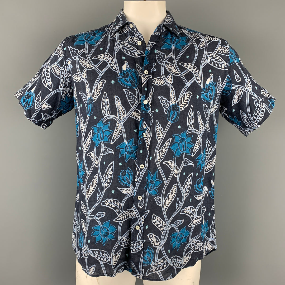 ETRO Size L Navy & Blue Print Linen Button Up Short Sleeve Shirt