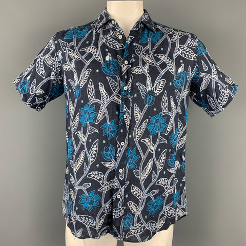 ETRO Size L Navy & Blue Print Linen Button Up Short Sleeve Shirt