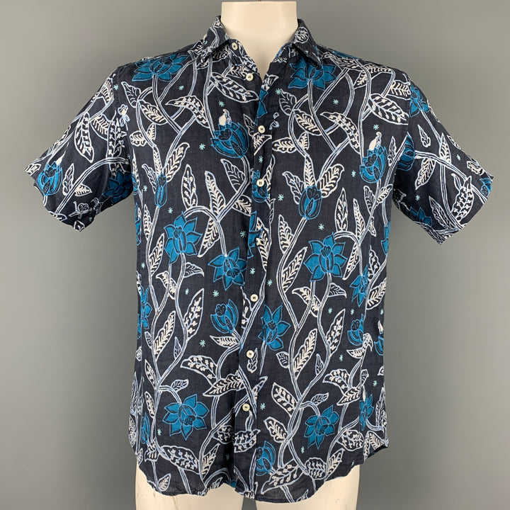 ETRO Taille L Chemise à manches courtes boutonnée en lin imprimé bleu marine et bleu