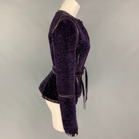 YVES SAINT LAURENT Size 6 Purple Shearling Patent Leather Reversible Belted Jacket
