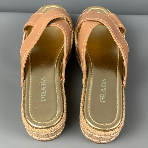 PRADA Size 10 Tan Gold Leather Espadrille Sandals
