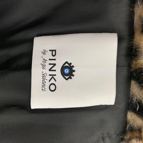 PINKO Size 10 Tan Brown Modacrylic Animal Print Faux Fur Hook & Eye Closure Coat