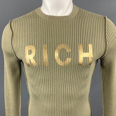 JOHN RICHMOND Size S Olive Ribbed Knit Gold Graphic Wool Blend Crew-Neck Pullover Sweater