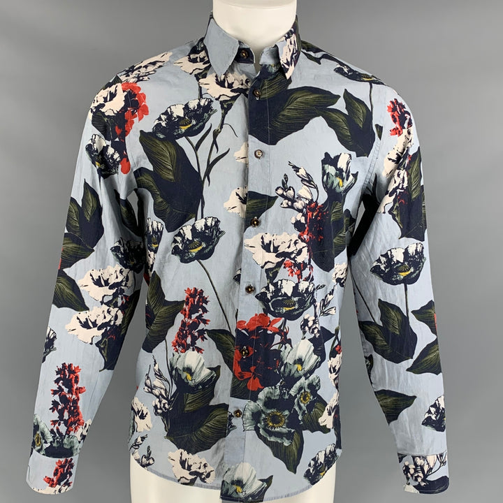 TED BAKER Size S Light Blue Navy Floral Cotton Button Up Long Sleeve Shirt