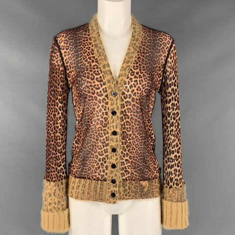 JEAN PAUL GAULTIER Taille M Cardigan Col V Imprimé Animal Marron Beige
