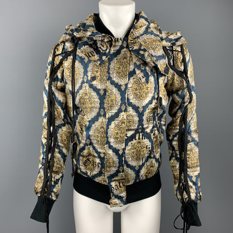 JOHN GALLIANO Size 36 Gold & Teal Newspaper Print Silk Bomber Jacket