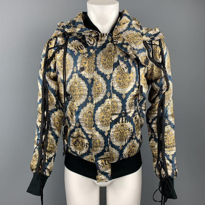 JOHN GALLIANO Size 36 Gold & Teal Newspaper Print Silk Bomber Jacket