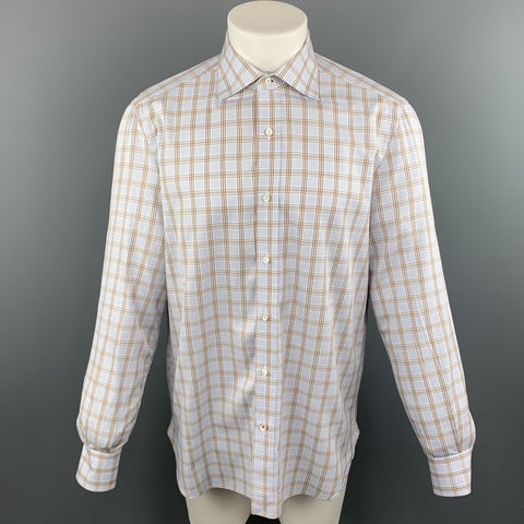 ISAIA Size M Blue & Brown Stripe Cotton Button Up Long Sleeve Shirt