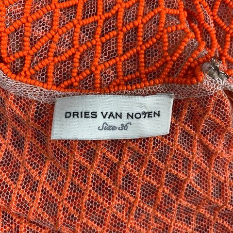 DRIES VAN NOTEN Size 6 Orange & Nude Polyester Mesh Beaded Sleeveless Dress Top