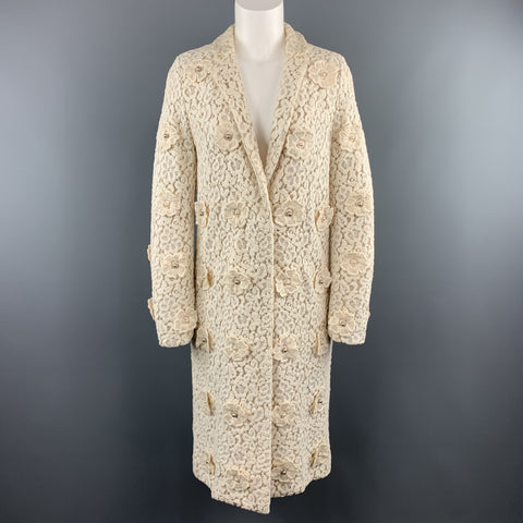 CHLOE Size 4 Cream Lace Faux Pearl Flower Notch Lapel Evening Coat