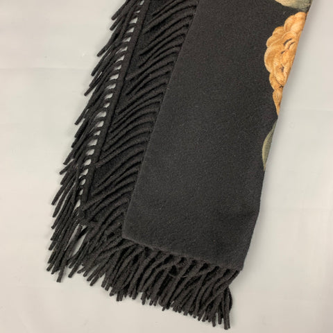 LORO PIANA for NEIMAN MARCUS Black & Beige Floral Cashmere Fringe Scarf