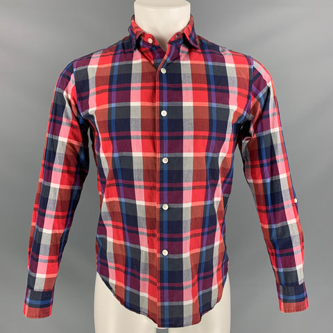 EDIFICE Taille S Marine &amp; Rouge Blanc Madras Coton Boutonné Chemise à Manches Longues