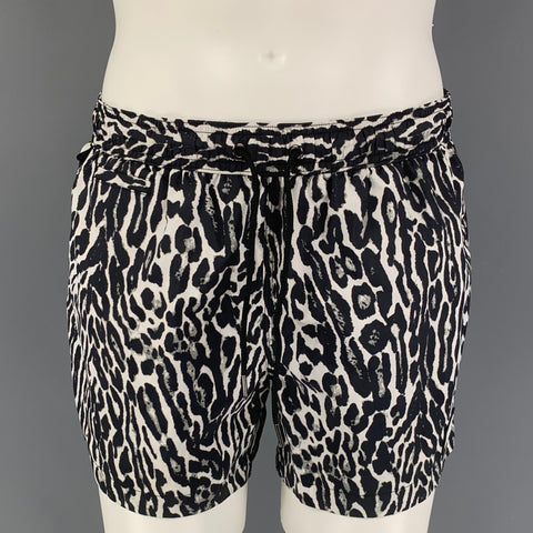 BURBERRY Size M Black White Animal Print Polyamide Drawstring Swim Trunks