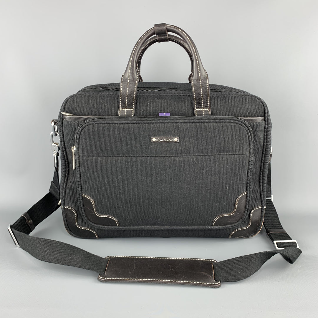 PAUL SMITH Contrast Stitch Black Canvas Leather Trim Work Bag