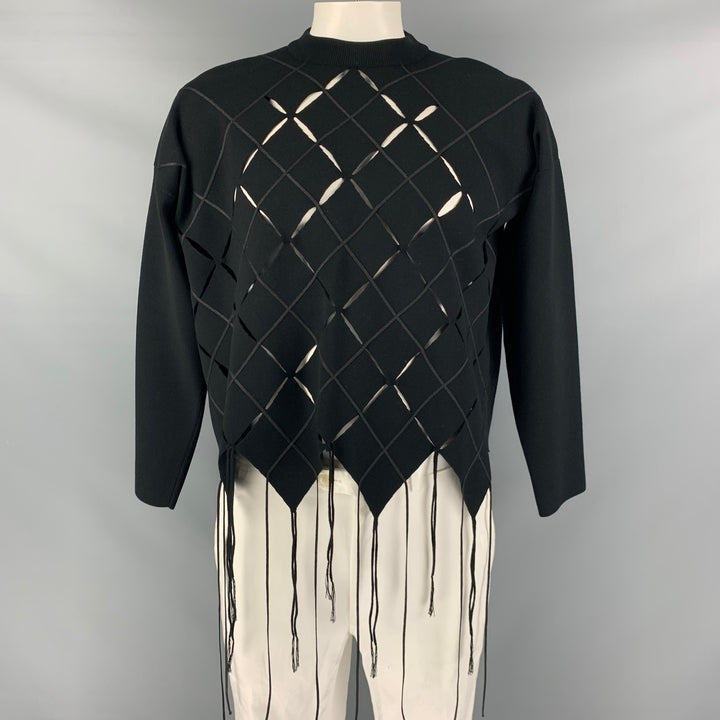 PROENZA SCHOULER Size L Black Cut Outs Rayon  Polyester Fringed Pullover