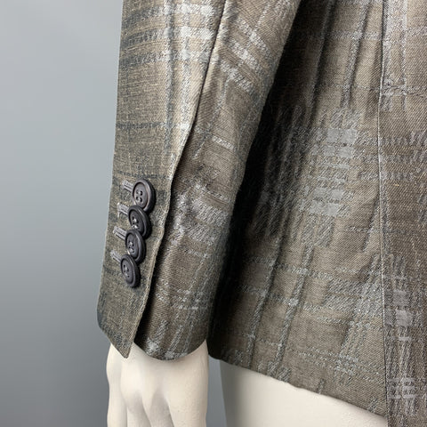 GIORGIO ARMANI Size 10 Grey Plaid Jacquard Linen Blend Notch Lapel Blazer