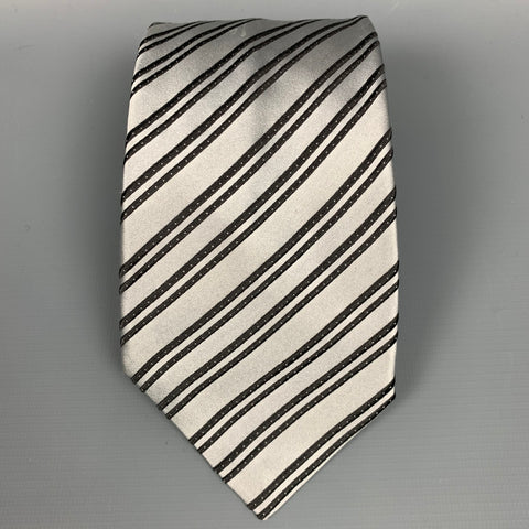 STEFANO RICCI Silver & Black Stripe Satin Silk Tie