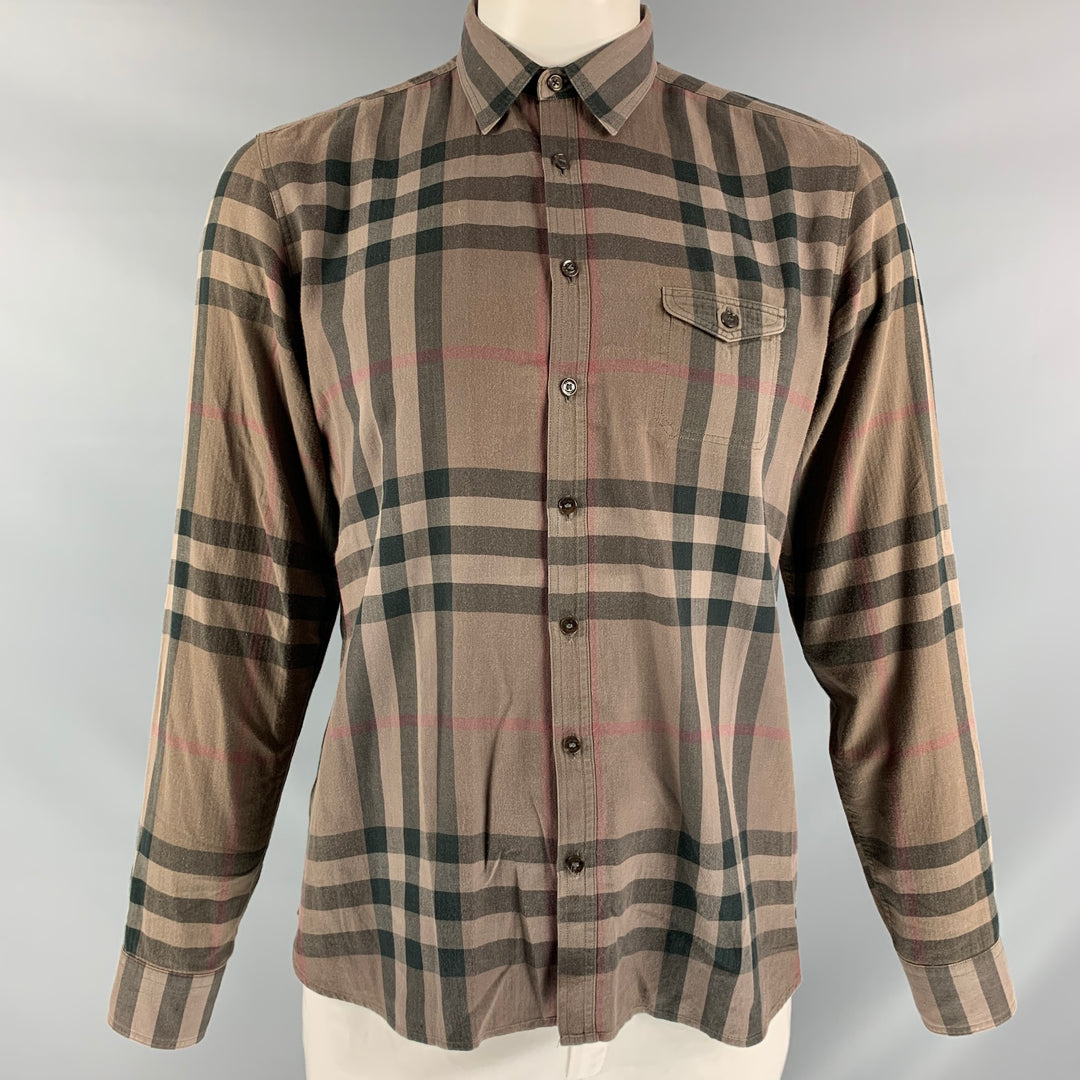 BURBERRY BRIT Camisa de manga larga con botones de algodón a cuadros marrón  y negro talla L – Sui Generis Designer Consignment, image size:1080x1080