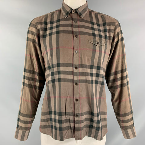 BURBERRY BRIT Size L Brown & Black Plaid Cotton Button Down Long Sleeve Shirt