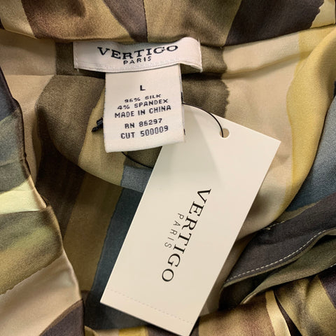 VERTIGO Size L Taupe Multicolor Silk & Spandex Color Block Blouse