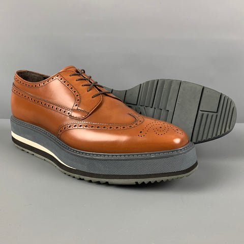 PRADA Size 9.5 Tan Grey Perforated Leather Platform Lace Up Shoes